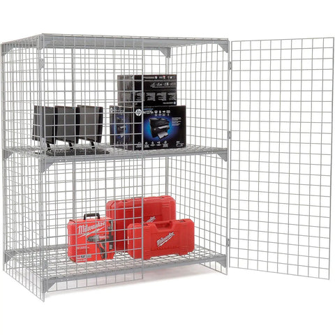 Rock Solid Wire Mesh Security Locker Featuring Two Roomy Doors And A Freely Adjustable Center Shelf Built Tough For Garages Warehouses Or Workshops In Clean Gray with tools and equipment inside.