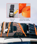 Built Tough As Nails Heavy Duty Ratchet Straps Packing 2000 Lb Break Strength sized at one inch by thirteen feet securing luggage on a vehicle.