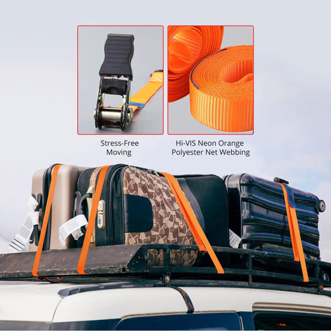 Built Tough As Nails Heavy Duty Ratchet Straps Packing 2000 Lb Break Strength sized at one inch by thirteen feet securing luggage on a vehicle.