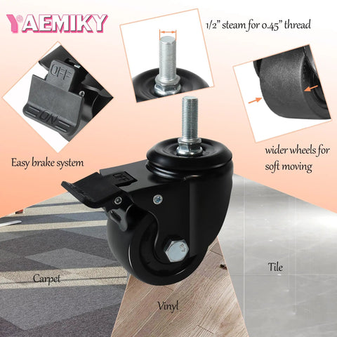 Heavy Duty 3 Inch Threaded Stem Casters With Dual Locking Swivel Wheels 1/2-13 X 1, easy brake, wider wheels for CNC machines