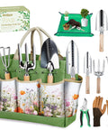 Heavy Duty 9 Piece Garden Tool Set With Floral Organizer Tote Rust Proof Hand Tools Thickened Repotting Mat All In One Gardening Kit Perfect Gift For Women And Moms Green