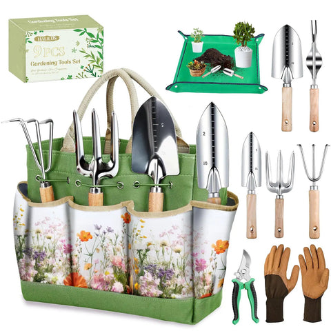garden tool set with tote Heavy Duty 9 Piece Garden Tool Set With Floral Organizer Tote Rust Proof Hand Tools Thickened Repotting Mat All In One Gardening Kit Perfect Gift For