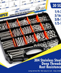798 Piece Stainless Steel Hex Bolts And Nuts Assortment Kit With Flat And Lock Washers Includes 1/4 20, 5/16 18, 3/8 16, 1/2 13 Bolts And Nuts In Lengths From 1/2 Inch To 2 1/2 Inches Heavy Duty Pro Grade Hardware Set For Home And Garage Projects., open case with 30 sizes