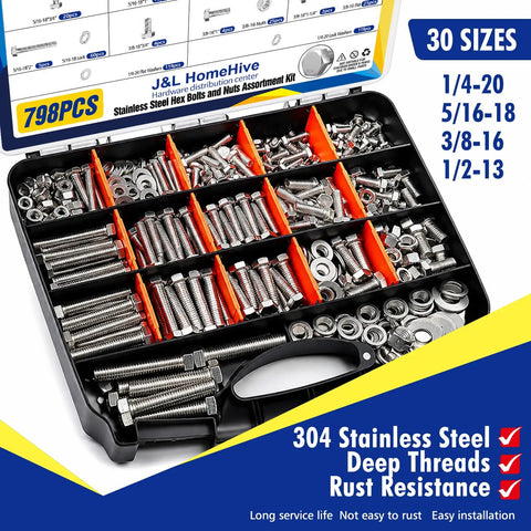 798 Piece Stainless Steel Hex Bolts And Nuts Assortment Kit With Flat And Lock Washers Includes 1/4 20, 5/16 18, 3/8 16, 1/2 13 Bolts And Nuts In Lengths From 1/2 Inch To 2 1/2 Inches Heavy Duty Pro Grade Hardware Set For Home And Garage Projects., open case with 30 sizes