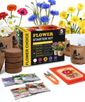 Indoor Daisy Garden Starter Kit with planter bags, soil disks, markers, mini shears, planting guide, and flower seeds displayed.