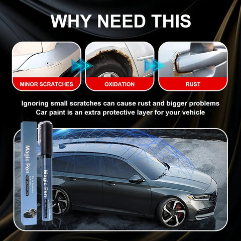 Car Scratch Repair Pen For Quick Fixes, Pro Level Auto Touch Up Tool alongside a car image showing scratch, oxidation, and rust.