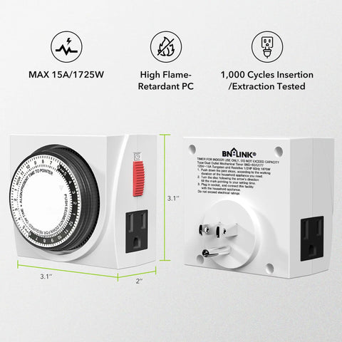 Heavy Duty Mechanical 24 Hour Timer Dual Outlet 3 Prong Indoor Power Timer For Lamps Fans Christmas Lights White 1875W