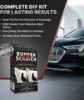 Box of All In One Car Bumper Scratch Remover Kit That Fixes Paint Transfer Scuffs And Light Scratches With A Clear Touch Up Pen Wipes And Compound For All Paint Colors Easy DIY Auto Paint Repair with a car in the background