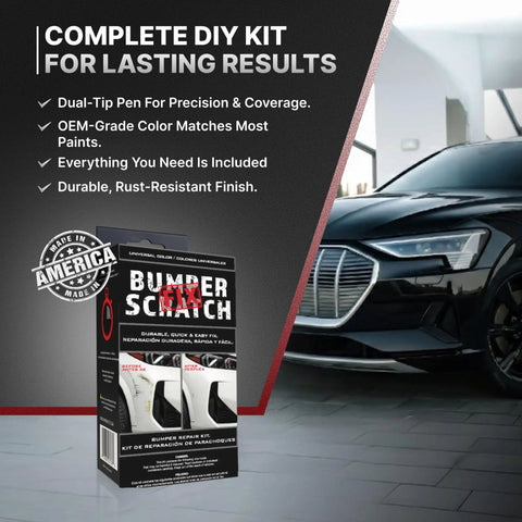 Box of All In One Car Bumper Scratch Remover Kit That Fixes Paint Transfer Scuffs And Light Scratches With A Clear Touch Up Pen Wipes And Compound For All Paint Colors Easy DIY Auto Paint Repair with a car in the background