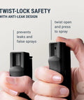 Heavy Duty Orange Peel Pepper Spray With Quick Release Keychain showing twist-lock safety feature to prevent leaks.