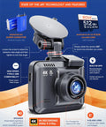 4K UHD Dash Cam With Built-In GPS And 5G WiFi For Cars, 2.4-Inch IPS Screen, 512GB support, showing lens and controls