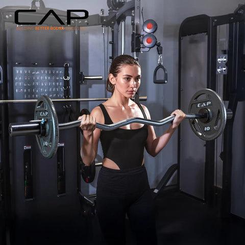 Woman using 47 Inch Olympic EZ Curl Bar From Classic Series Black With Angled Ergonomic Design for curls in home gym