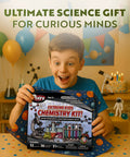 Child excitedly unwrapping Epic Chemistry Set With 52 Hands On Experiments For Kids Aged 8 To 12 Volcano Lab Project
