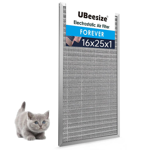 Reusable Electrostatic Air Filter For HVAC And Furnaces MERV 8 Washable Lifetime Durability next to a small cat, white background