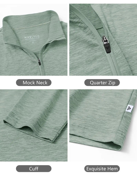 Detail view of Mens Quarter Zip Performance Pullover For Golf And Everyday Wear in heather stripe, showing mock neck, zip, cuff, hem.