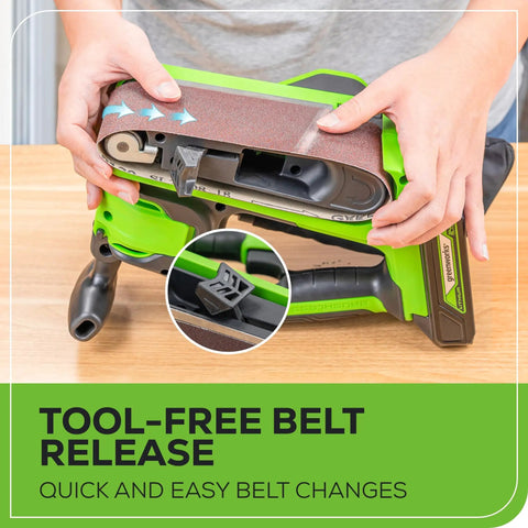 Cordless 24V Brushless Belt Sander Kit With No-Cord Convenience, Dust Bag And 60 Grit Sandpaper Tool Only, tool-free belt change feature