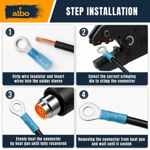 Installation steps for 250 Pcs Heat Shrink Ring Terminal Kit Set For 22 To 10 AWG Waterproof Tinned Copper Ring Terminals