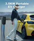 Level 1 And Level 2 Portable Ev Charger, 20 Foot Cable, 3.5 Kw 16 Amp Home Electric Vehicle Charging Station in use with yellow car.