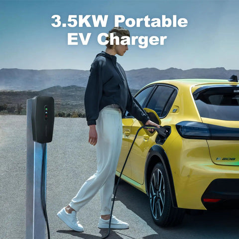 Level 1 And Level 2 Portable Ev Charger, 20 Foot Cable, 3.5 Kw 16 Amp Home Electric Vehicle Charging Station in use with yellow car.