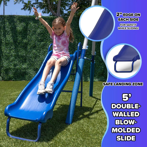 Child sliding down Arcadia Metal Swing Set For Kids With Trapeze And Two Person Glider, Five Foot Wave Slide in outdoor backyard