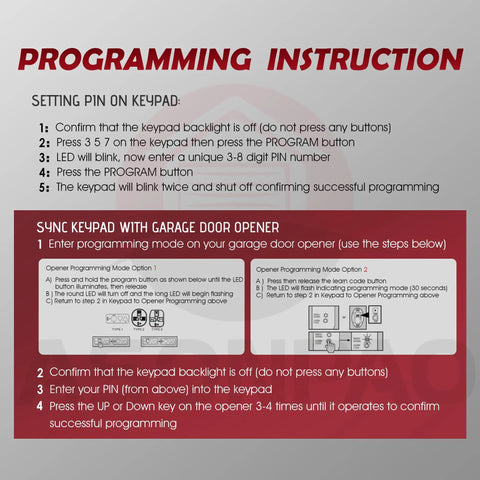 Programming instructions for Wireless Overhead Door Opener Keypad For OKP BX Compatible With Overhead Door openers.
