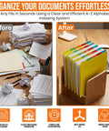 Top Shelf Alphabetical Hanging File Folder Dividers Featuring Five Vibrant Color Coded Tabs For Letter Size organized neatly in a wooden holder.