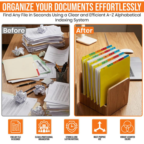 Top Shelf Alphabetical Hanging File Folder Dividers Featuring Five Vibrant Color Coded Tabs For Letter Size organized neatly in a wooden holder.