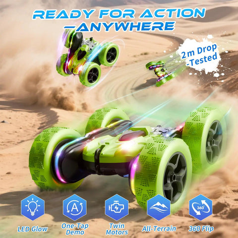 4WD Remote Control Car With 360 Flip And Double Sided Stunt Play All Terrain Off Road Toy With LED Light Bar and Modular Battery