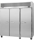 No Nonsense Three Section Reach In Freezer With Solid Door Nine Stainless Steel Shelves Digital Temp Control Hot Gas Condensate System 76 Cubic Feet Kitchen Workhorse in stainless steel.