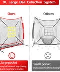 Comparison of a 6x6ft baseball and softball net with adjustable strike zone and large pocket next to a smaller net with small pocket.
