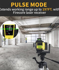 360 Self Leveling Laser Level With 60 Inch Tripod And One Thirteenth Inch Accuracy, Outdoor Pulse Mode Up To 197 Feet, Rechargeable Green Cross Line Laser Level Tool For Construction And Home Renovation, shown on tripod in unfinished room