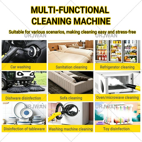 Multi-functional cleaning machine illustration showing uses for car washing, sofa cleaning, and dish disinfection.