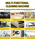 Multi-Functional Cleaning Machine showing car washing, sofa cleaning, and toy disinfection with Heavy Duty Multi Purpose Steam Cleaner.