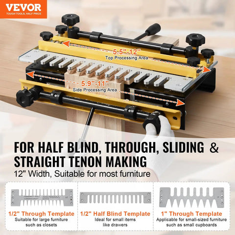 Rock Solid Dovetail Router Jig 12 Inch Width with templates for half blind and through joints on custom furniture.