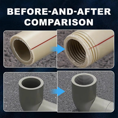 Comparison of PVC pipe before and after threading with DIY Ready All In One Dual Function Pipe Thread Cutter Kit