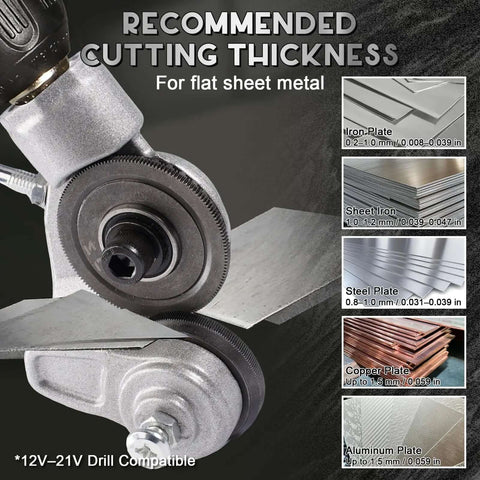 Sheet Metal Cutter Nibbler Drill Attachment With Titanium Steel Gear for cutting iron, steel, copper, aluminum sheets shown.