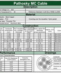 Pathosky MC Cable specifications sheet detailing 600V rated, PVC insulation, and aluminum armor features.