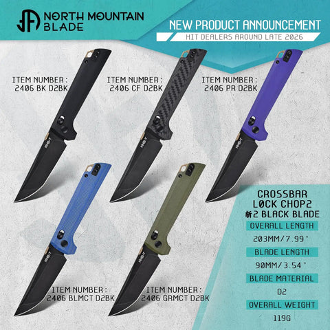 Chop2 Folding EDC Knife With Crossbar Lock 3.54 Inch D2 Tanto Blade And Carbon Fiber Handle displayed with item numbers.
