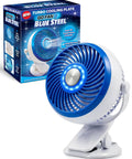 Blue Steel Portable Desk Fan With 360 Degree Oscillation, Dope Active Cooling Technology And Cooling Plate, product box and fan