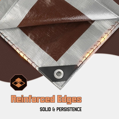 Heavy Duty 8x10 Ft Tarp Waterproof 10 Mil Thick Reversible Silver and Brown Outdoor Cover with reinforced edges and grommet