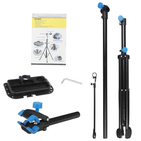 Portable Adjustable Bike Repair Stand For Home Mechanics 42.5 To 74 Inch Telescoping Steel Work Stand With 360 Degree Clamp Tool Tray