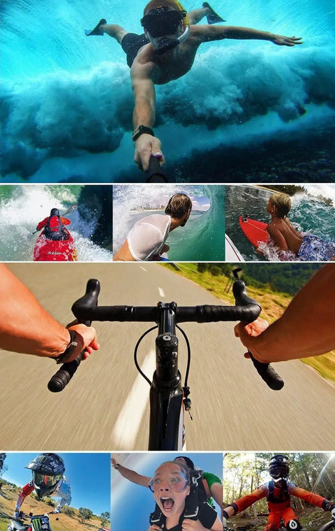 Waterproof Action Camera Protective Housing Case for Most Action Cams Universal Diving Shell Keeps Your Gear Safe On Real Wet Adventures While Surfing Snorkeling Or Kayaking Fits EK7000 Pro Xtreme Xilecam X2 Jadfezy Dragon Touch Vision3 in action capturing underwater, on water, and cycling scenes.