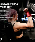 Woman performing seated dumbbell press wearing wrist wraps for weightlifting with thumb loops heavy duty wrist support straps for powerlifting and crossfit 12 inch and 18 inch options black for men and women designed to prevent wrist strain and tendonitis during heavy lifts.