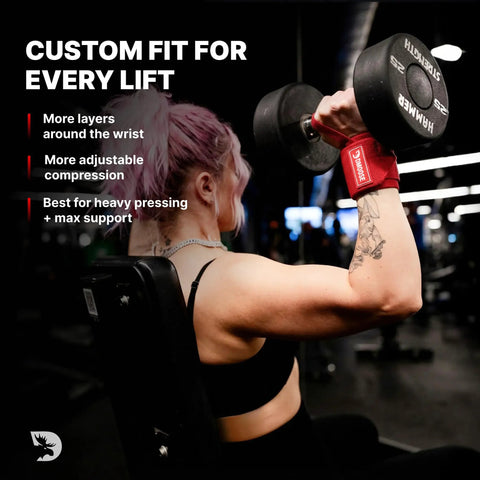 Woman performing seated dumbbell press wearing wrist wraps for weightlifting with thumb loops heavy duty wrist support straps for powerlifting and crossfit 12 inch and 18 inch options black for men and women designed to prevent wrist strain and tendonitis during heavy lifts.