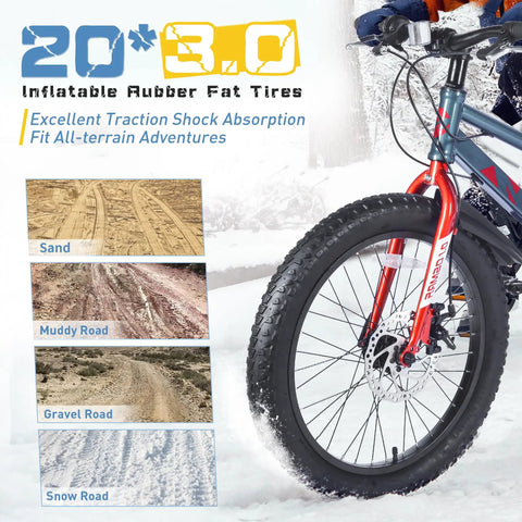 Close-up of Kids Fat Tire Mountain Bike 20 Inch Wheel With 7 Speed Shifting Dual Disc Brakes in snow and trail conditions.