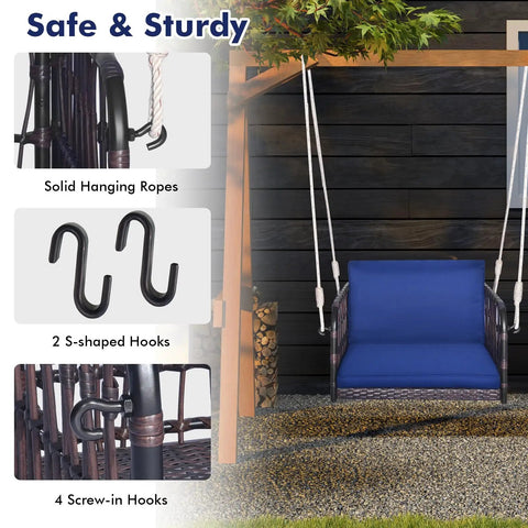 Cozy Navy Rattan Patio Swing Chair For One With Cushions, Heavy Duty Metal Frame And Sturdy Hanging Ropes, front porch installation