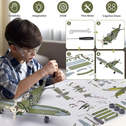 Child assembling 258 Piece Airplane Erector Set STEM Building Kit For Kids And Teens Ages 8 12 14 16 Metal Model Aircraft Toy