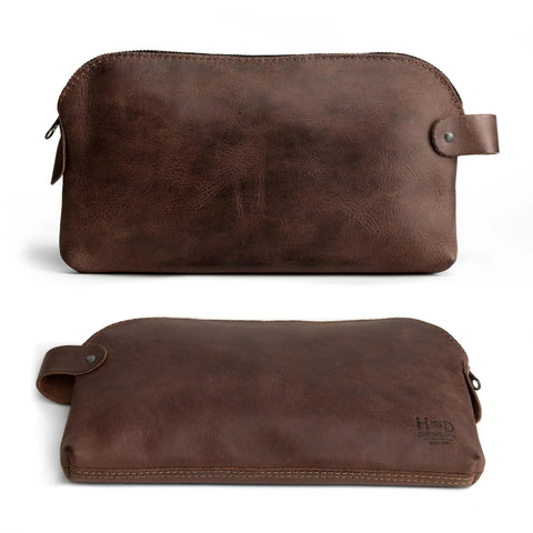 Rugged Leather Dopp Kit For Cords And Chargers, All Purpose Travel Organizer in full grain bourbon brown leather shown front and back