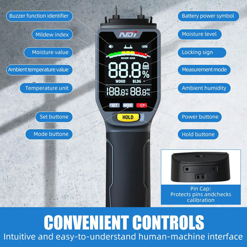 All In One Wood Moisture Meter And Digital Water Tester With Backlit LCD Display, Auto Alarm, Low Battery Indicator, Calibration And Hold Button For Wood Firewood Lumber And Floors, Measures Humidity And Temperature And Helps Detect Mold, front view