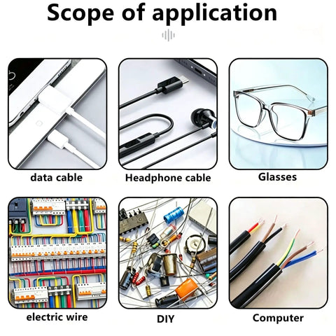 Scope of application chart for Grab This Awesome 195 Piece Heat Shrink Tube Kit With Adhesive Lining And 3:1 Scale For Serious DIY Pros Who Need Rock Solid Insulation, Seven Sizes Perfect For Wrapping Cables Every Way You Want The Black Sleeve Wrap That Totally Nails Your Wiring., showing cables, wires, glasses, and DIY uses